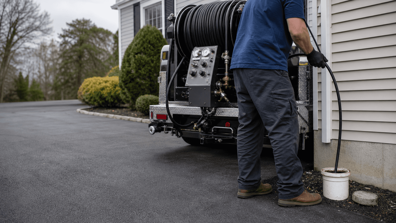 Illustration of professional hydro jetting equipment positioned at an outdoor drain cleanout