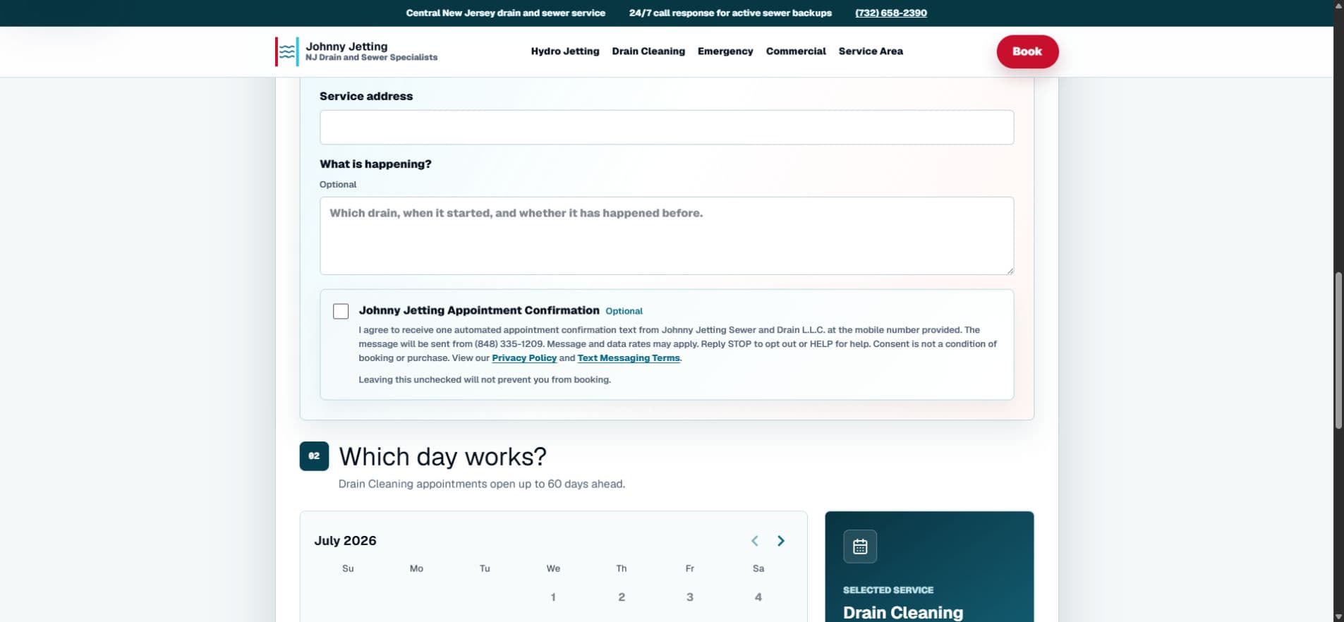 Johnny Jetting booking page showing the optional unchecked appointment confirmation checkbox before date selection