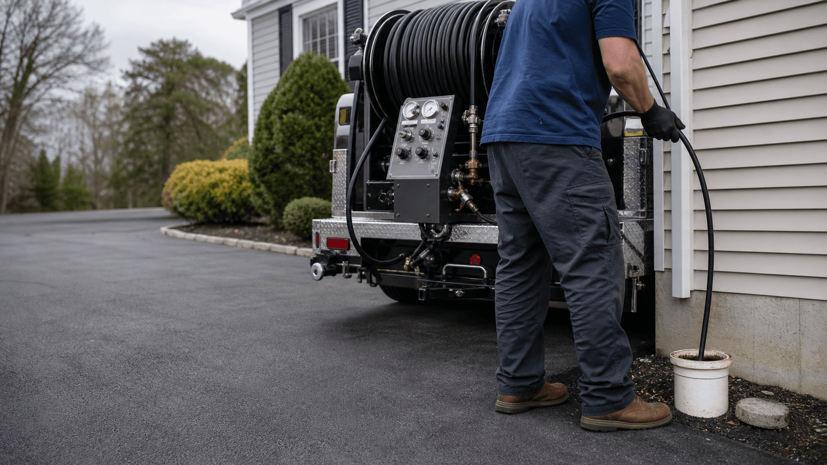 Illustrative hydro jetting equipment at a residential drain cleanout
